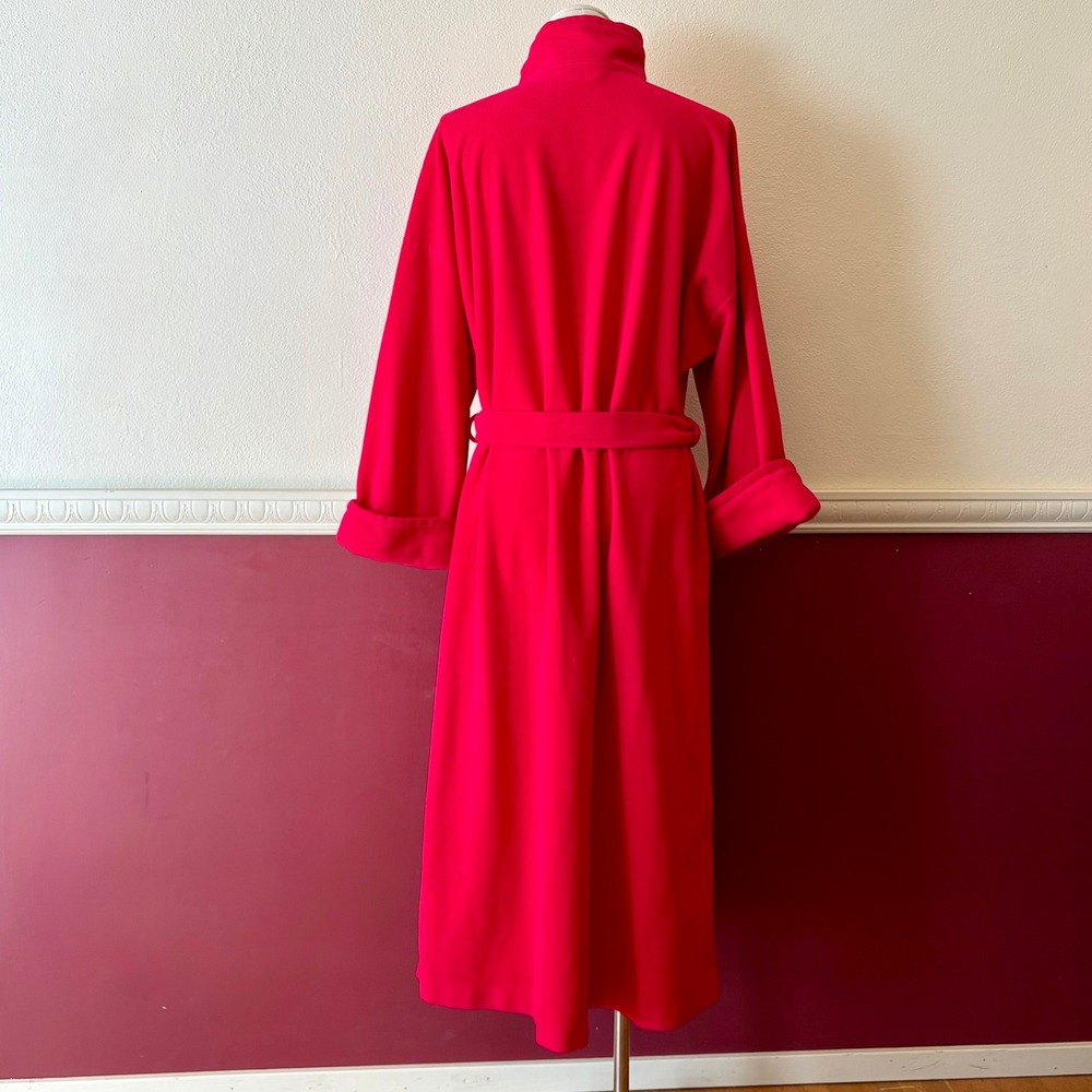 Vintage Vanity Fair Red Fleece Robe Long Belted Housecoat Made in USA 70s Funnel - Picture 3 of 13